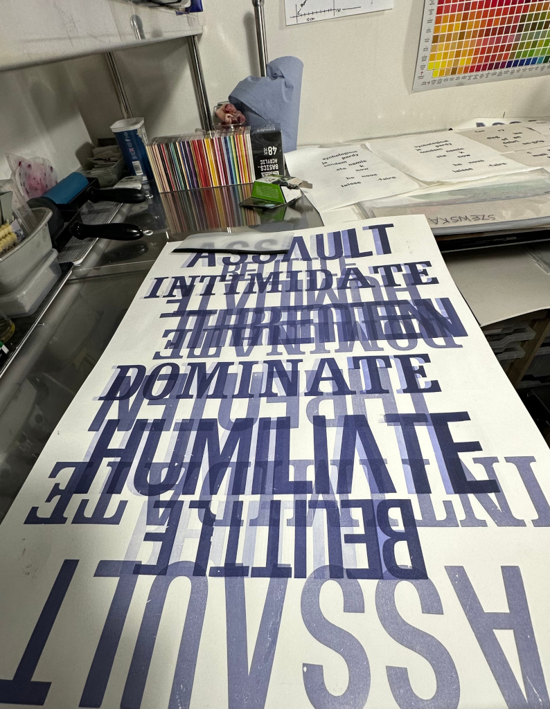 Exhibition piece by Szewska for the Royal College of Art dramatising the unspoken suffering of victims of coercive control. Letterpress, ink, paper.